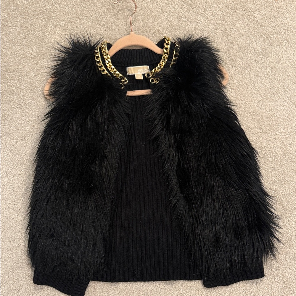 MICHAEL Michael Kors Black faux fur Vest with Gold Chain Detail
